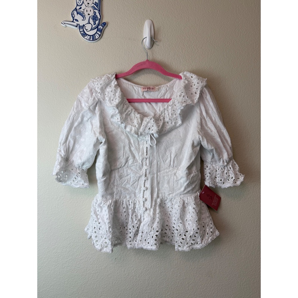 Ivy City Co White Eyelet 100% Cotton Blouse Ruffle Collar Peplum Top Small